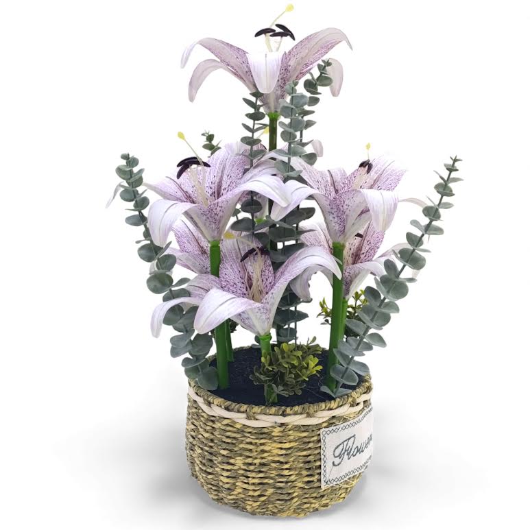 Artificial Lily Flower Arrangement in Basket Purple & Green