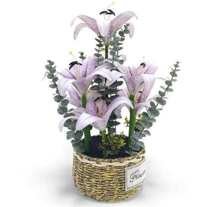 Artificial Lily Flower Arrangement in Basket Purple & Green