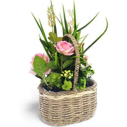Artificial Rose Plant with Leaves in Basket Light Pink & Green