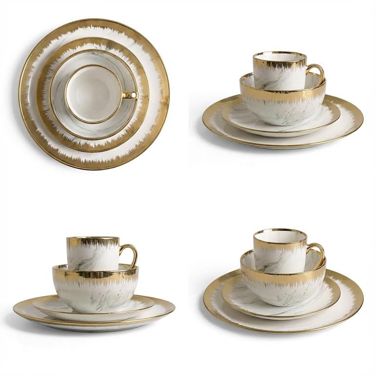 16 Piece Drip Design Dinner Set Gold & White