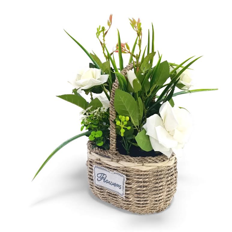 Artificial Rose Plant with Leaves in Basket White & Green