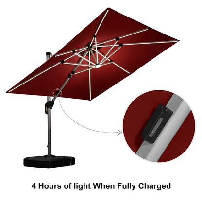 Square Double Top Deluxe Solar Powered LED Outdoor Cantilever Umbrella Red