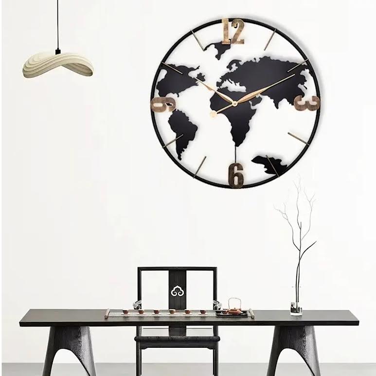 World Map Wall Clock Black & Gold