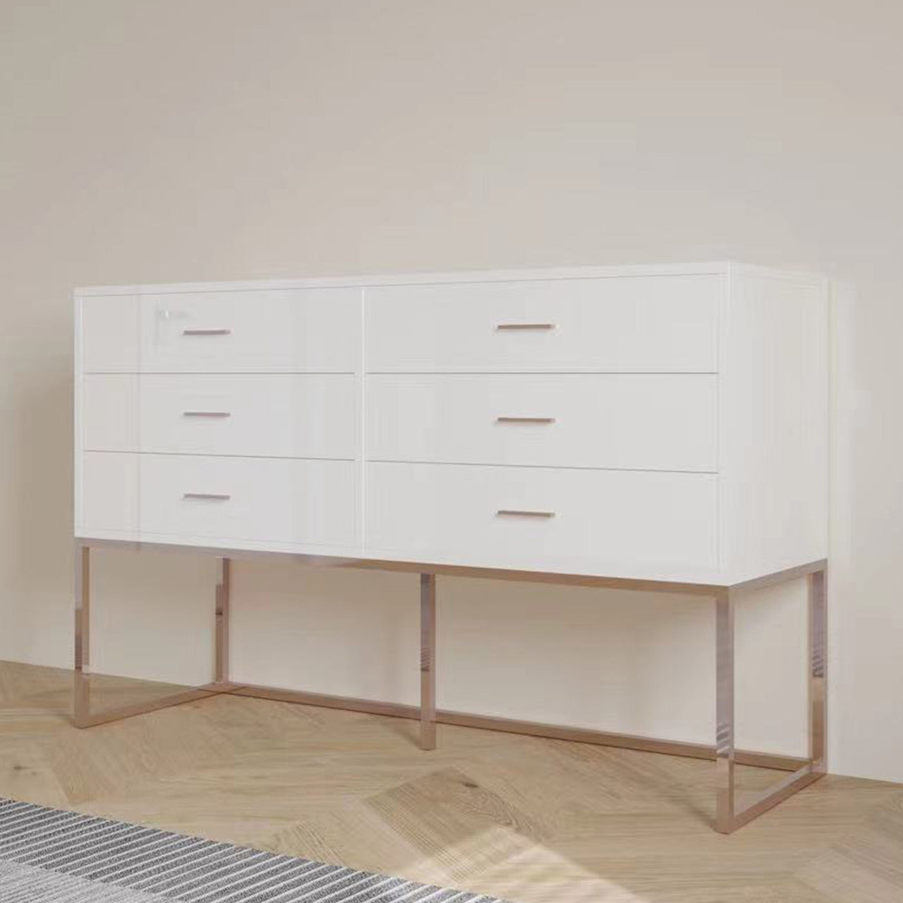 Exotic Designs 6 Drawer Chest Of Drawers White With Rose Gold