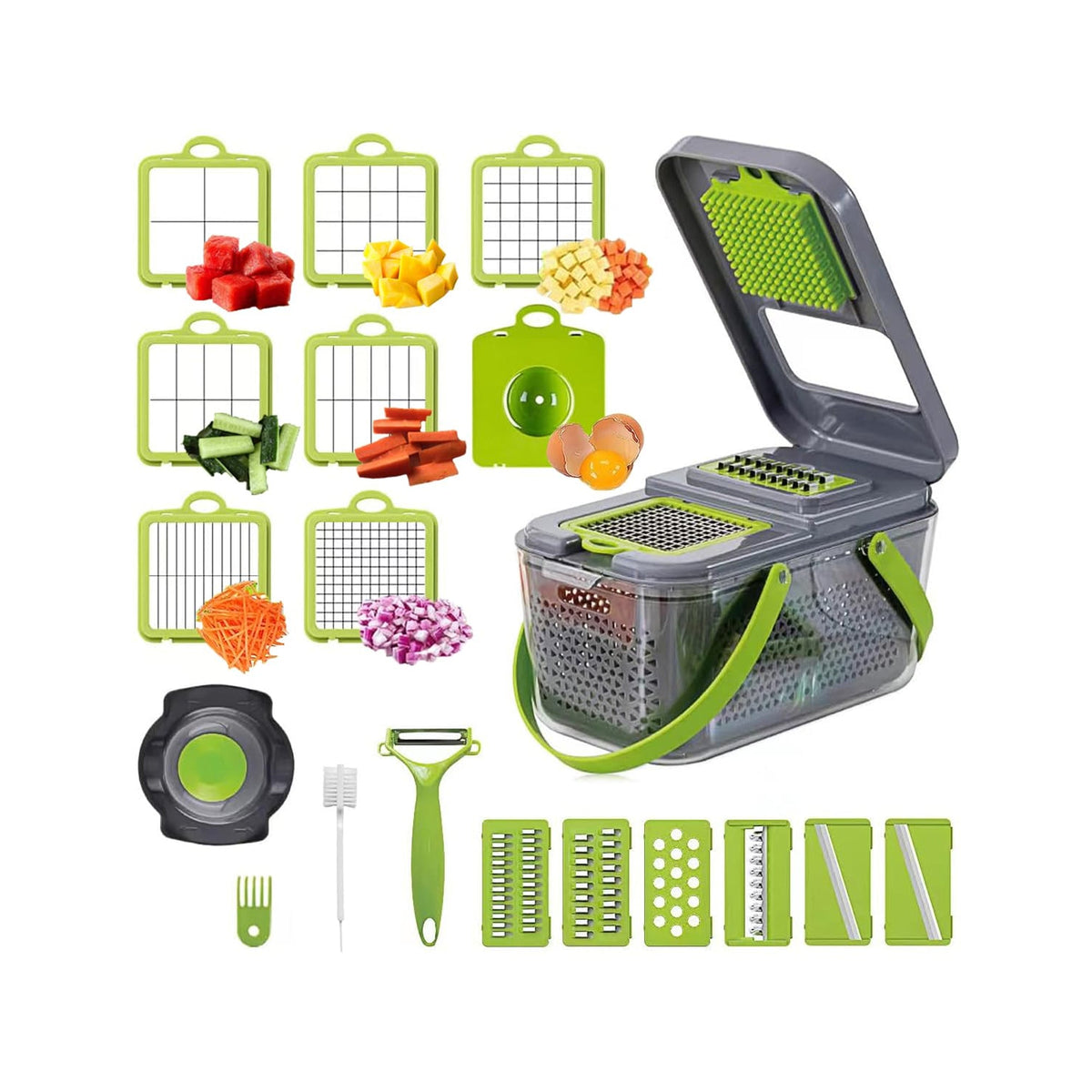 22 Piece Vegetable Cutter & Chopper with Drain Basket - Grey & Green