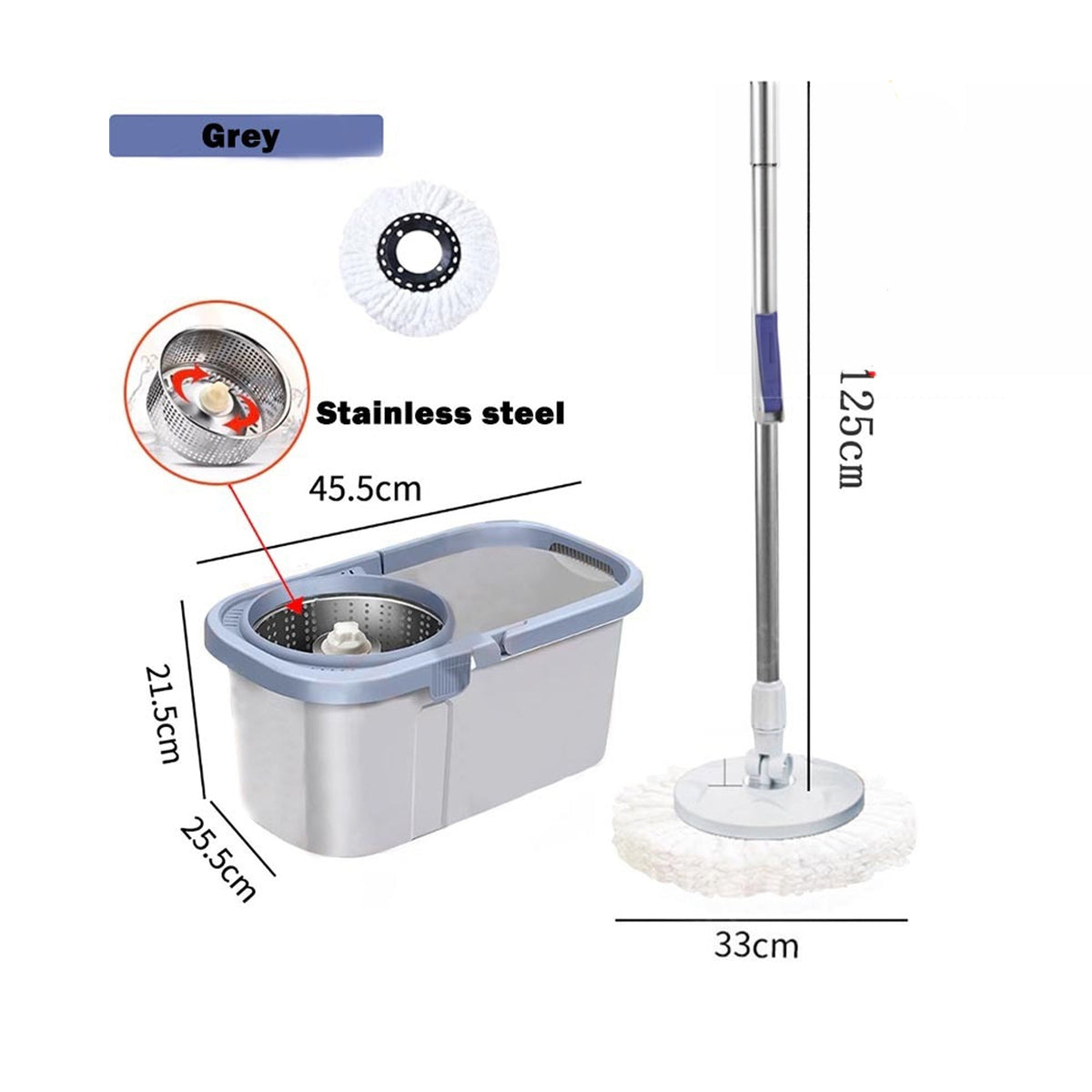 Rotating Spin Mop & Bucket with 2 Mop Heads - Grey