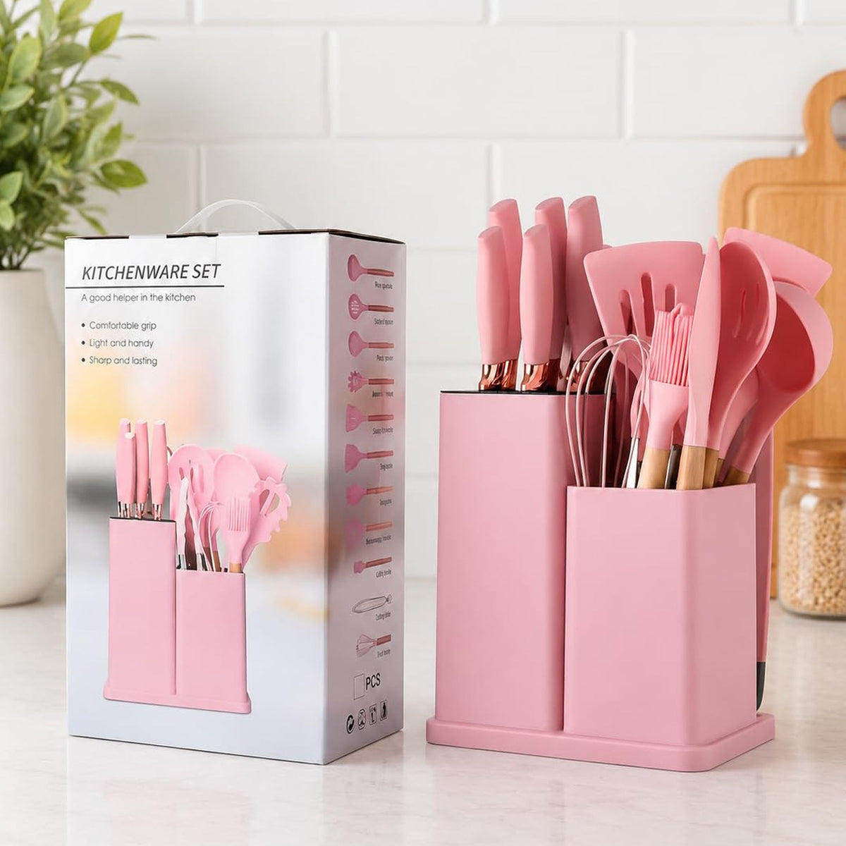 19 Piece Kitchen Utensil & Knife Set with Holder - Pink
