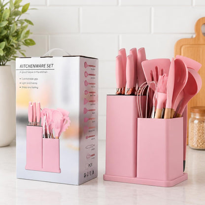 19 Piece Kitchen Utensil & Knife Set with Holder - Pink