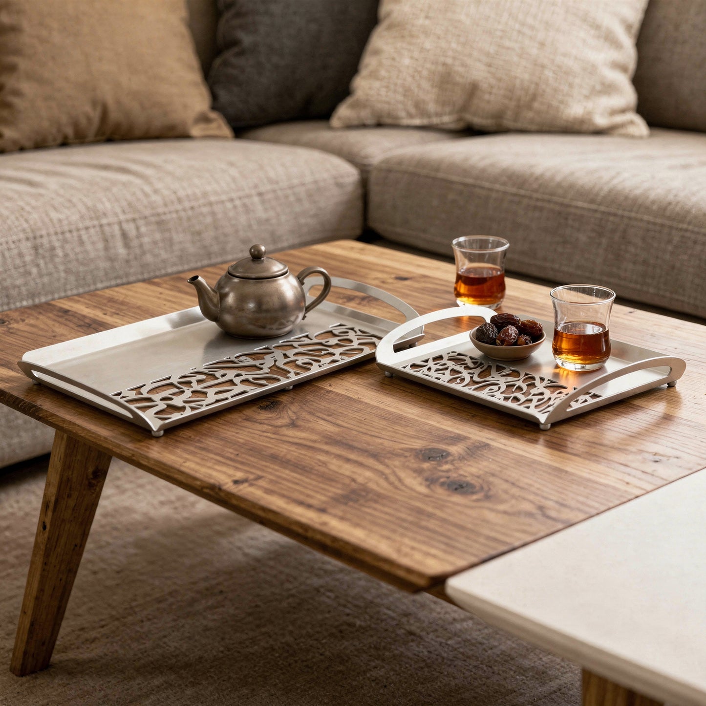 Calligraphy Design 2 Piece Metal Tray Set Grey