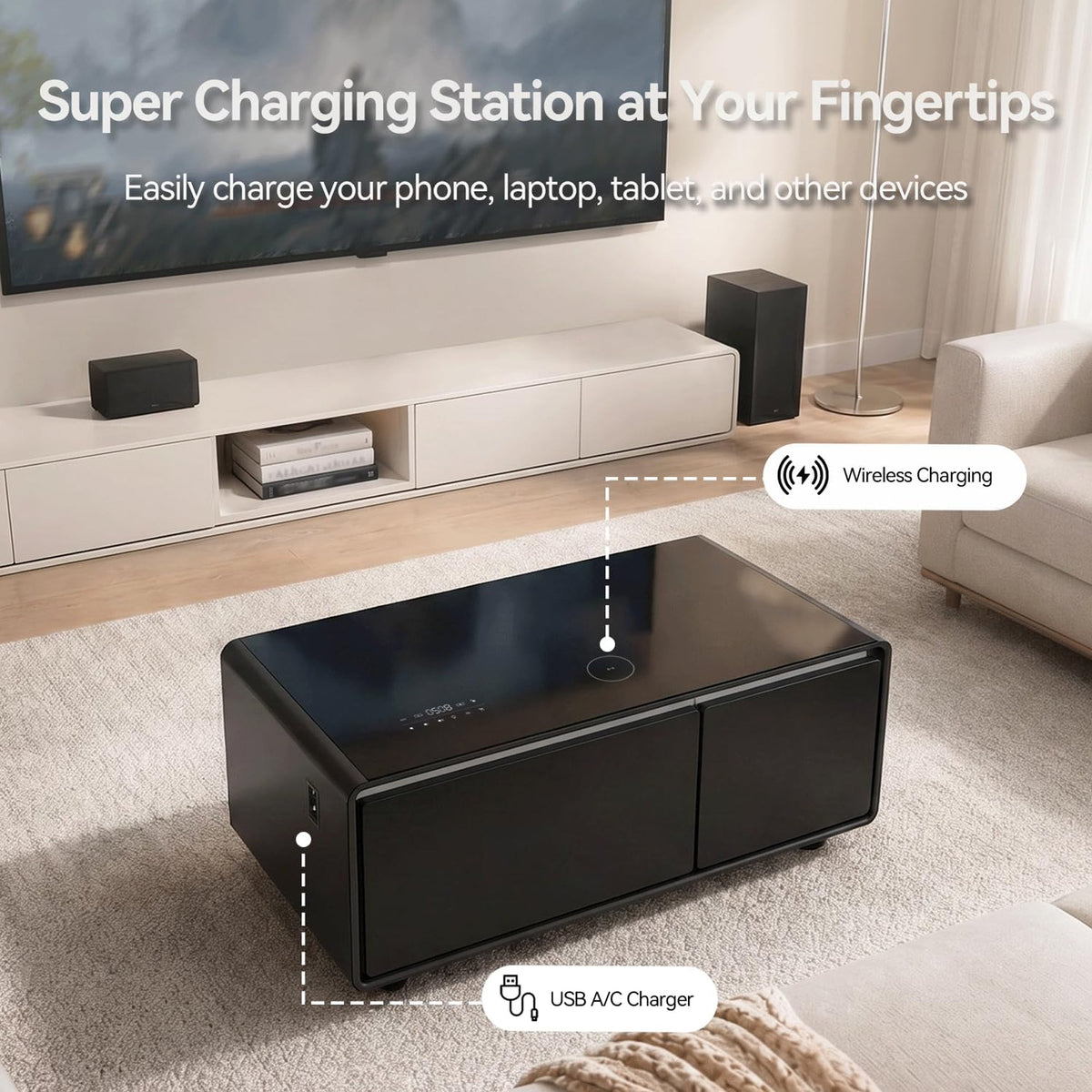 Smart Coffee Table with Dual Fridge, Bluetooth Speakers & Wireless Charging - Black