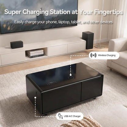 Smart Coffee Table with Dual Fridge, Bluetooth Speakers & Wireless Charging - Black