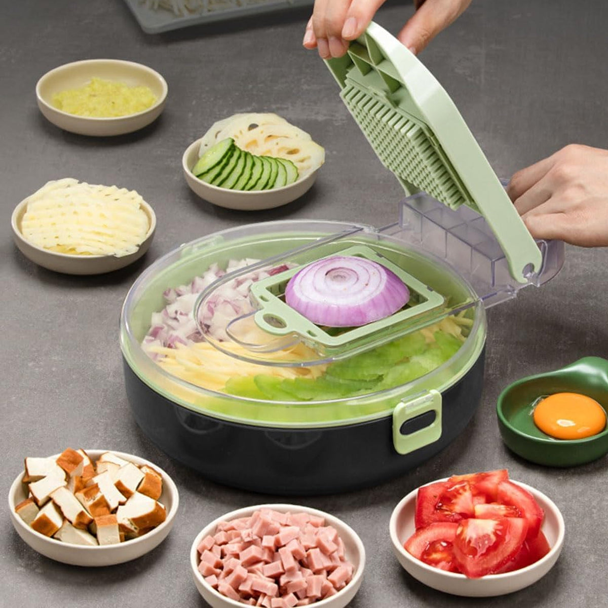 Vegetable cutter slicing into the storage bowl