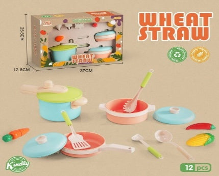 12 Piece Wheat Straw Kitchen Cookware Play Set Pastel
