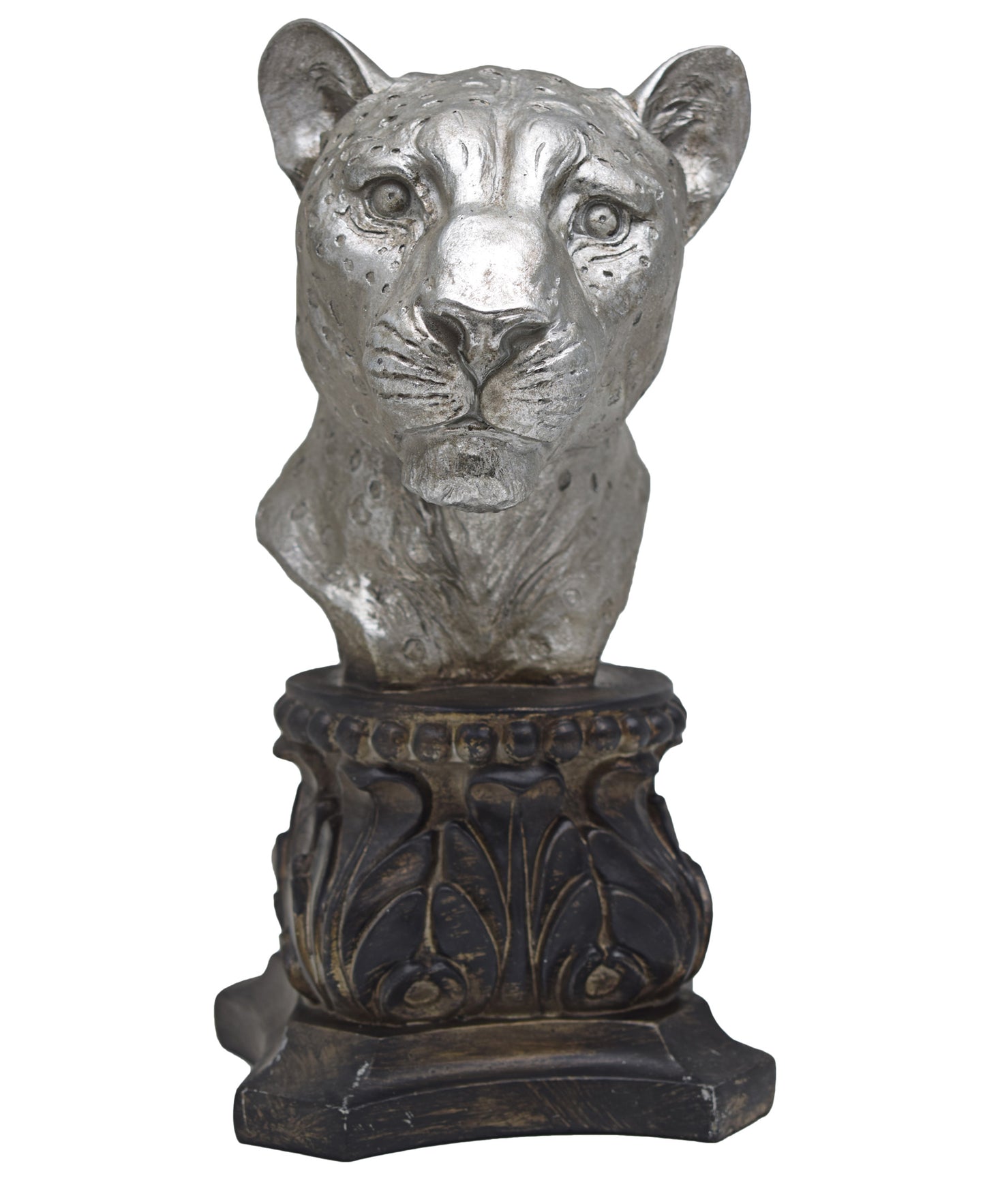 Urban Decor Antique Leopard Head On Pillar 36cm - Silver