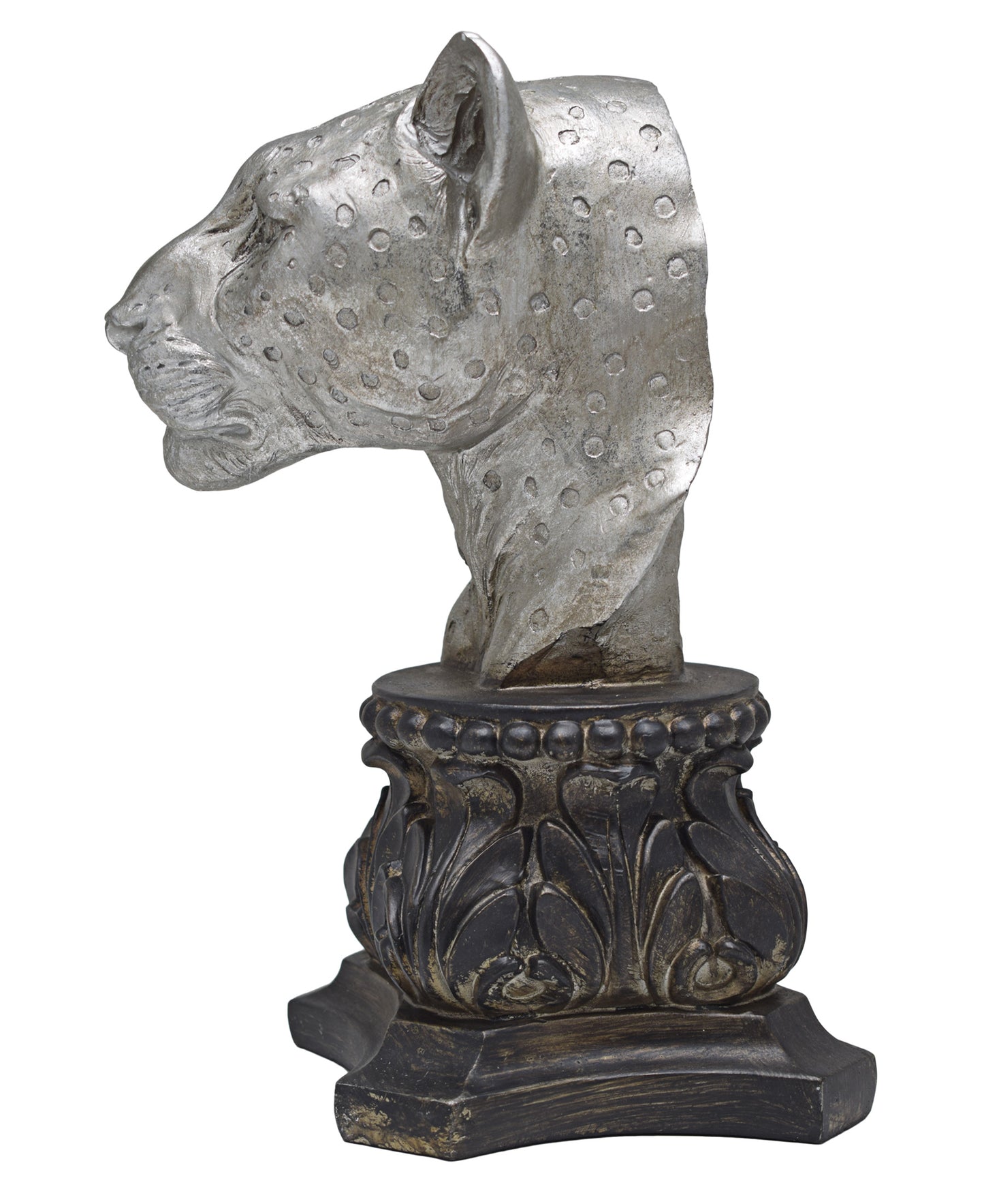 Urban Decor Antique Leopard Head On Pillar 36cm - Silver