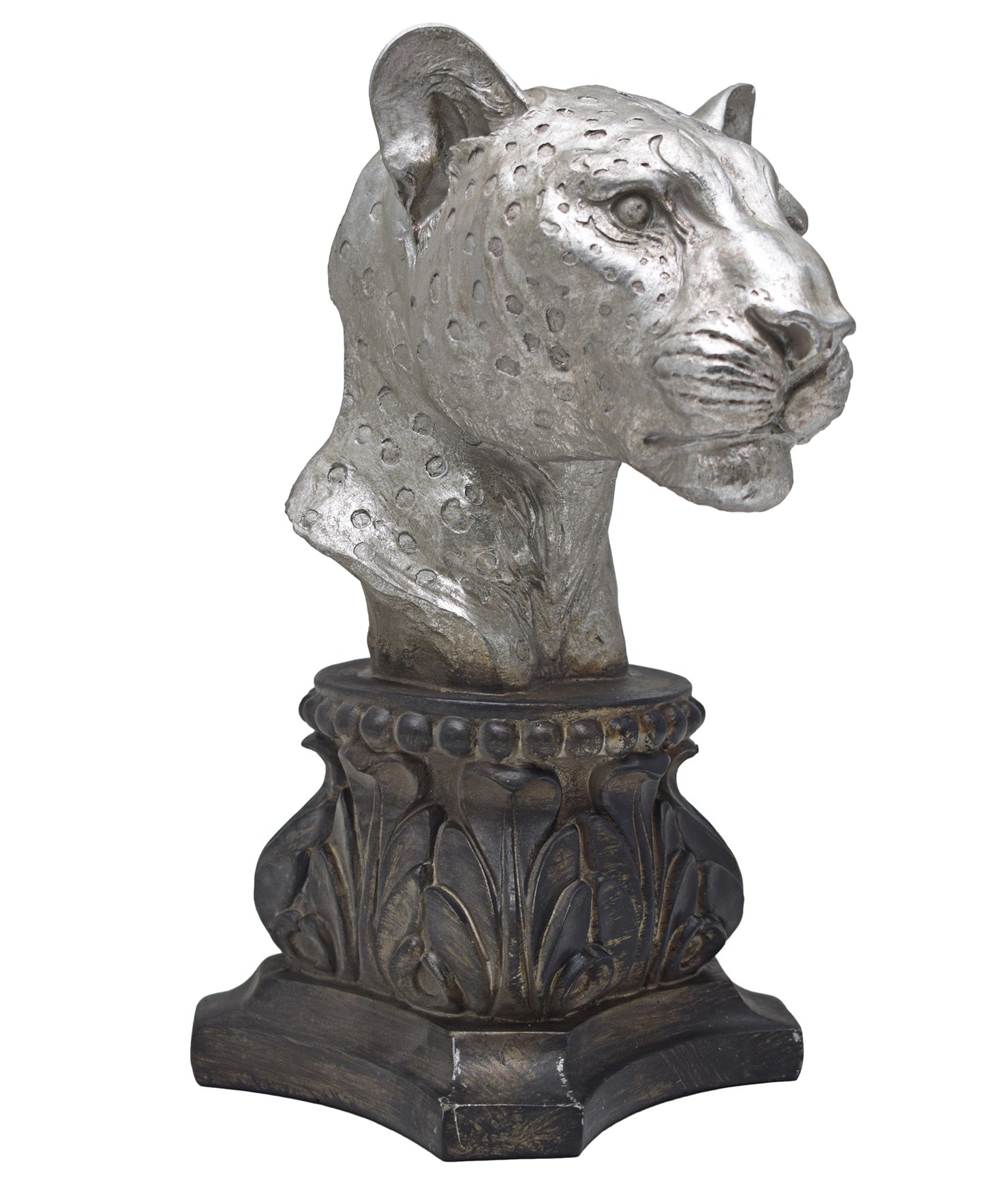 Urban Decor Antique Leopard Head On Pillar 36cm - Silver