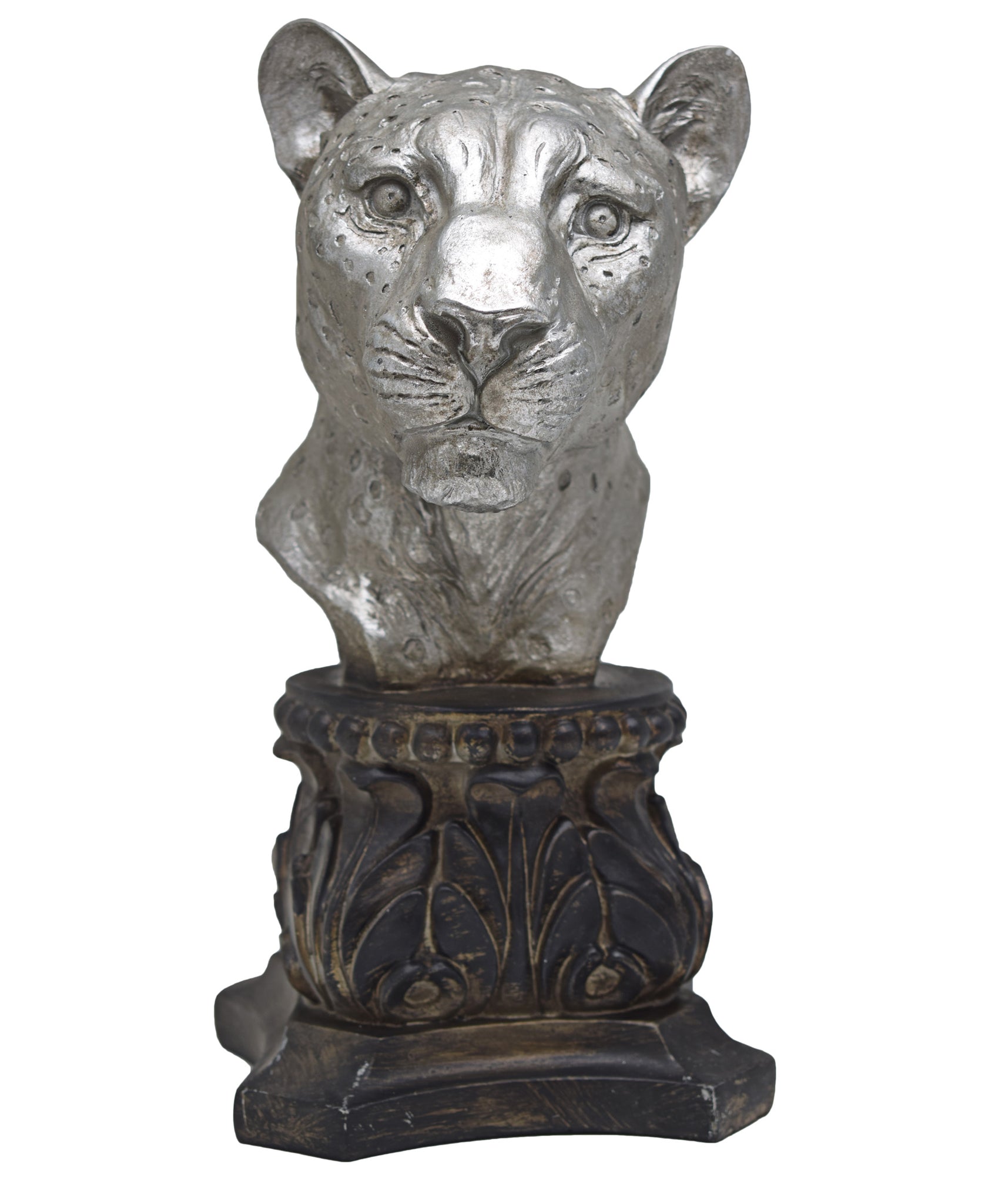 Urban Decor Antique Leopard Head On Pillar 36cm - Silver