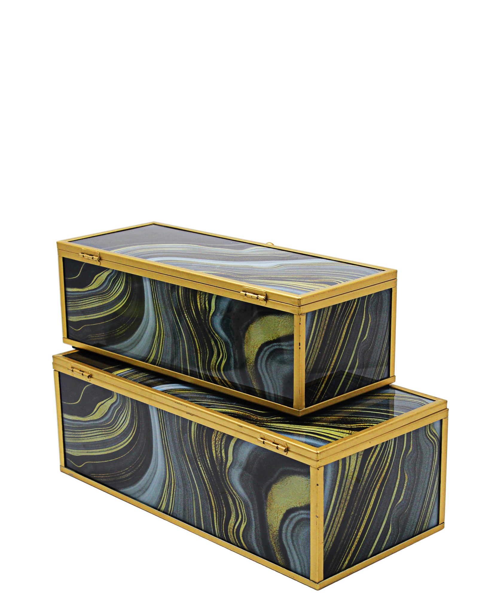 Glass Agate Wave Box With Metal Frame 2 Piece - Blue, Black & Gold