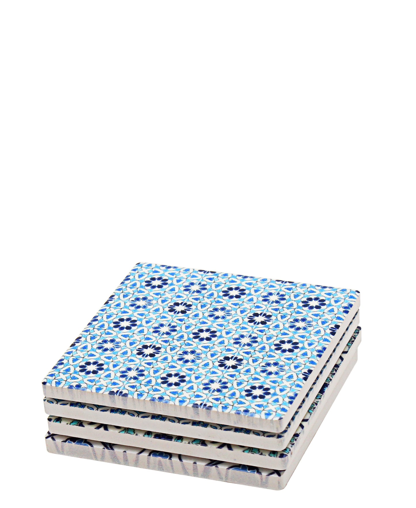 Kitchen Life Square 4 Piece Shaped Coaster Set - White & Blue