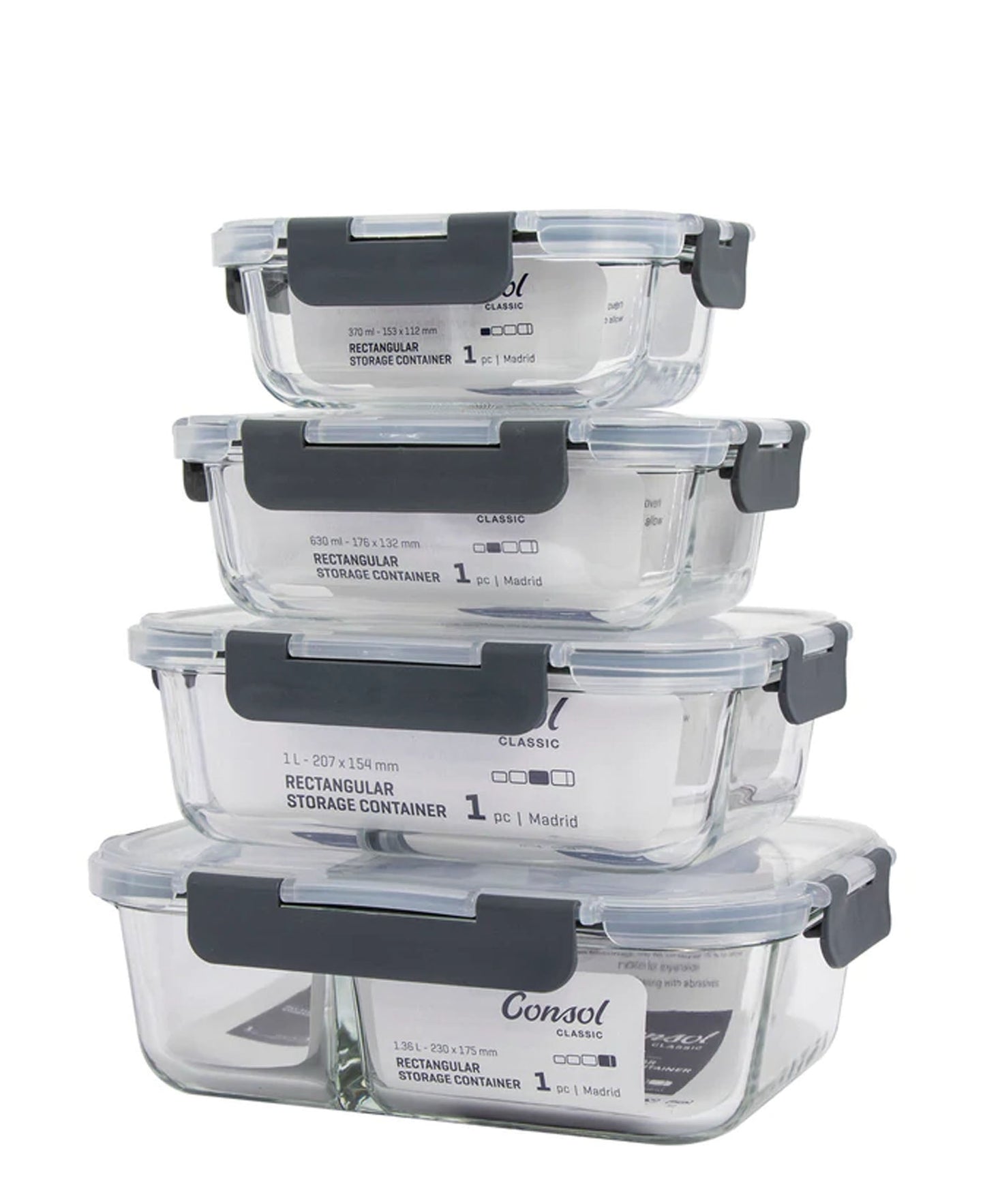 Consol 370ML Madrid Rectangular Glass Storage Container - Transparent & Grey