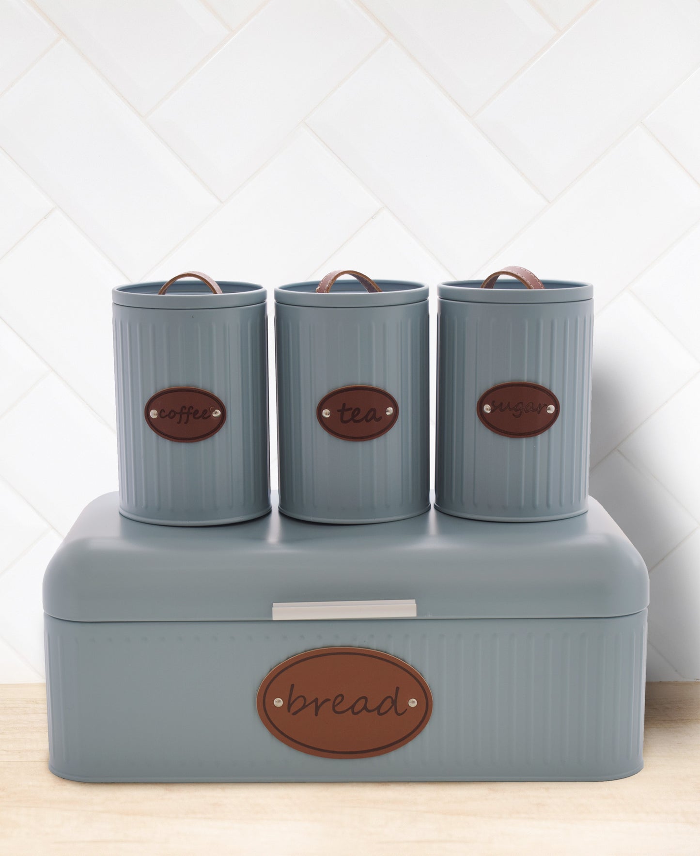 Aqua Bread Bin With Leather Strap - Blue/Grey