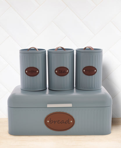 Aqua Bread Bin With Leather Strap - Blue/Grey
