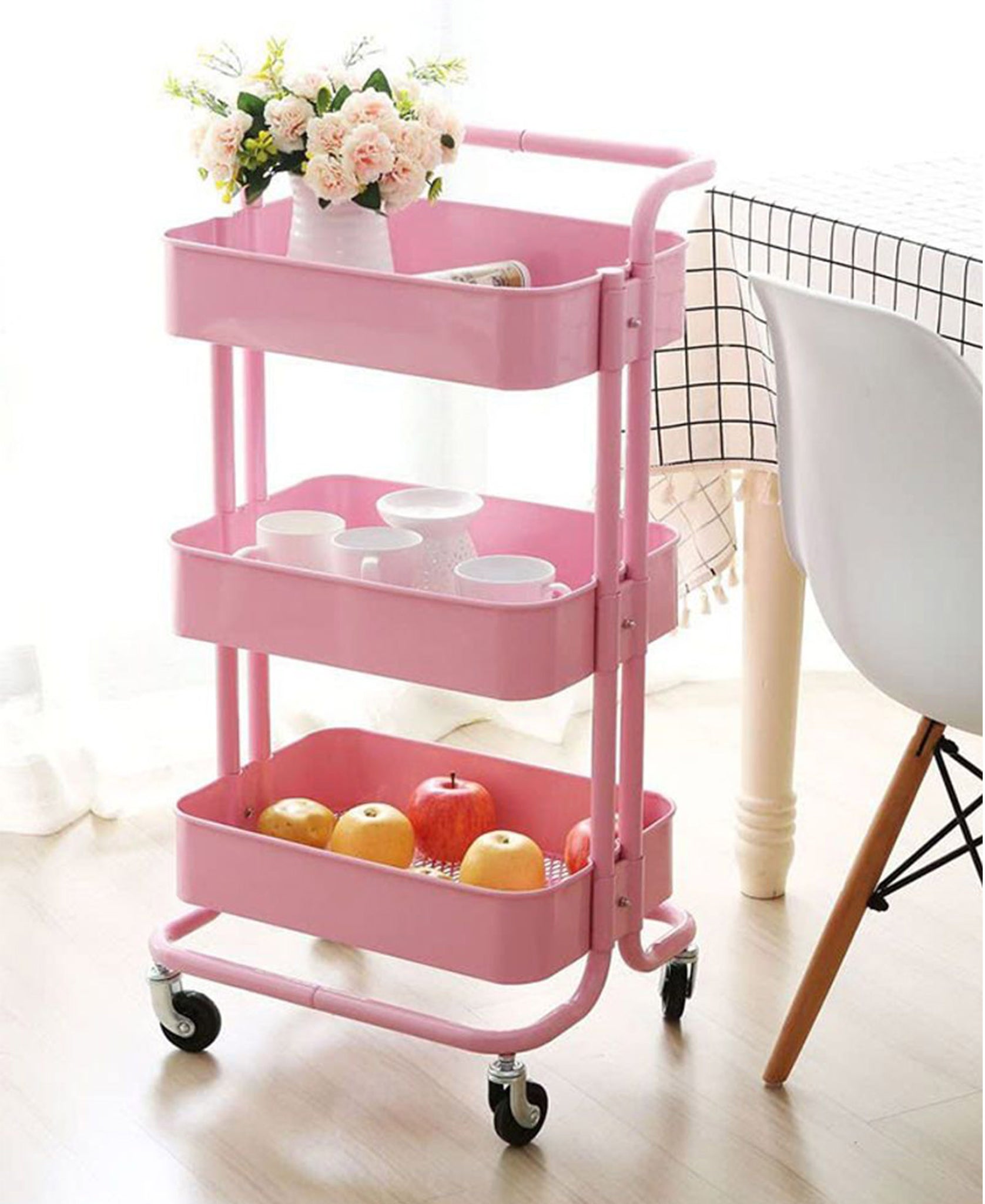 Monaco 3 Tier Kitchen Storage Rack With Wheels - Pink