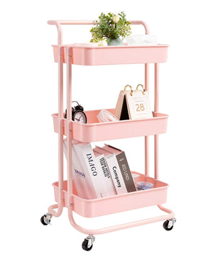 Monaco 3 Tier Kitchen Storage Rack With Wheels - Pink