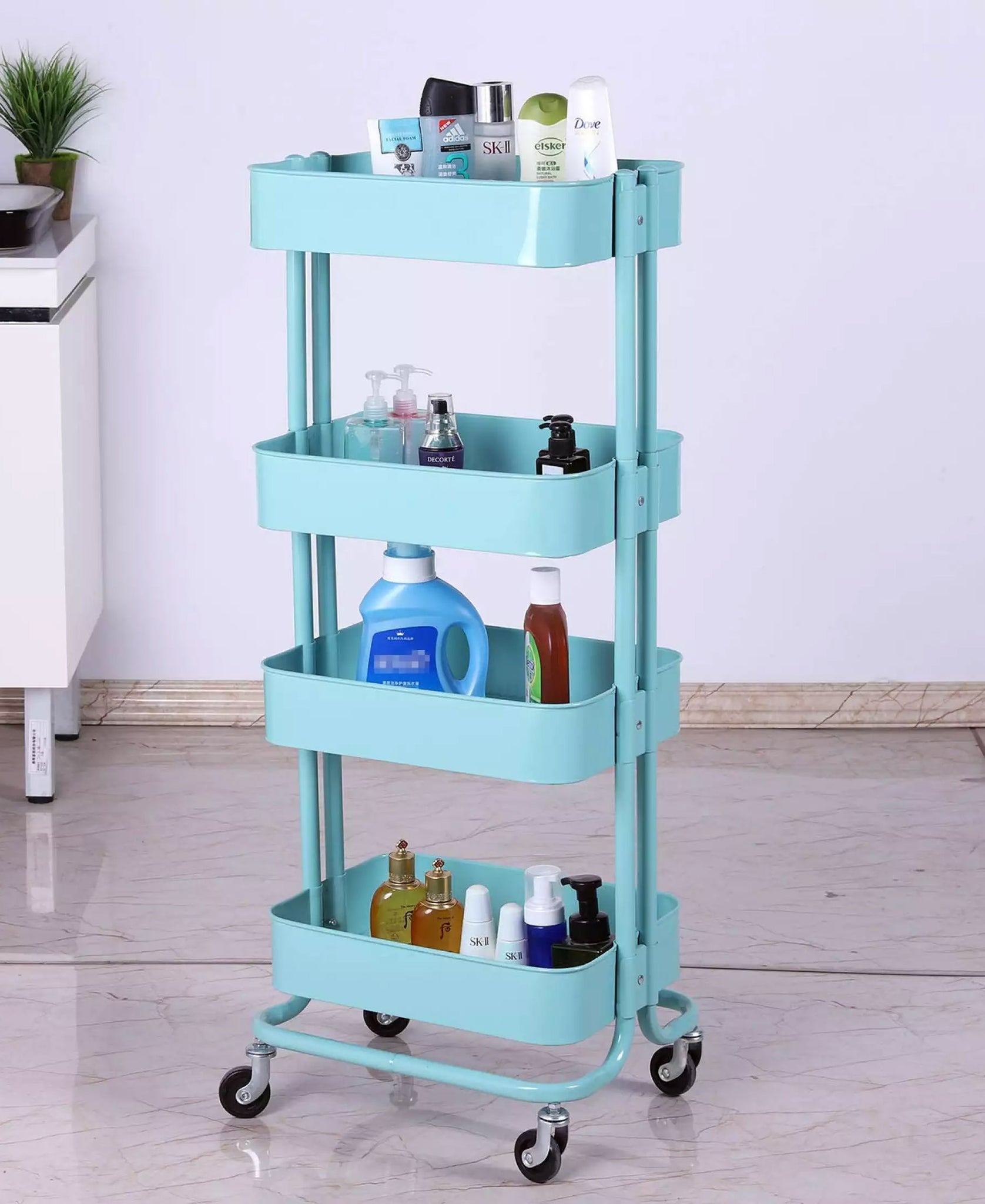 Monaco 4 Tier Kitchen Storage Rack With Wheels - Baby Blue