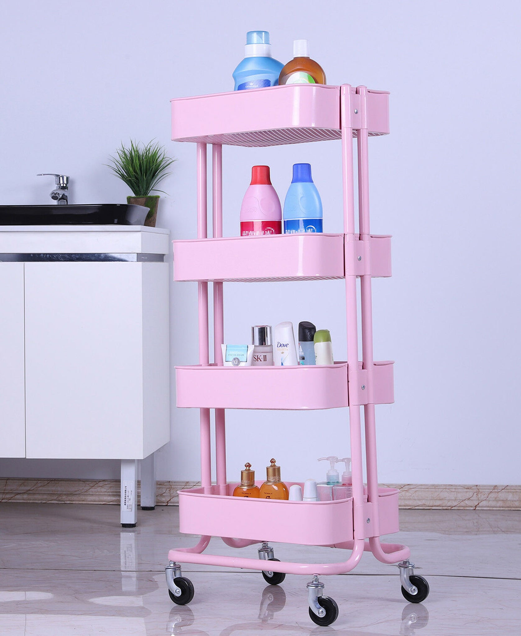 Monaco 4 Tier Kitchen Storage Rack With Wheels - Pink