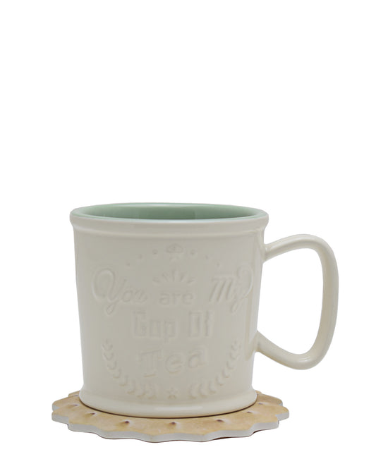 Kitchen Life Lungo 400ml Mug With Coaster - White & Green