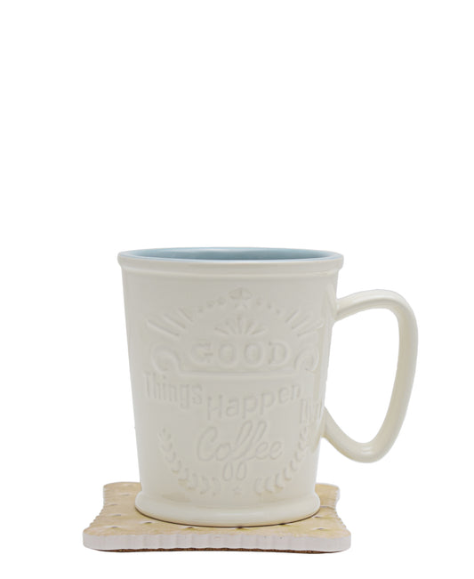 Kitchen Life Lungo 400ml Mug With Coaster - White & Blue