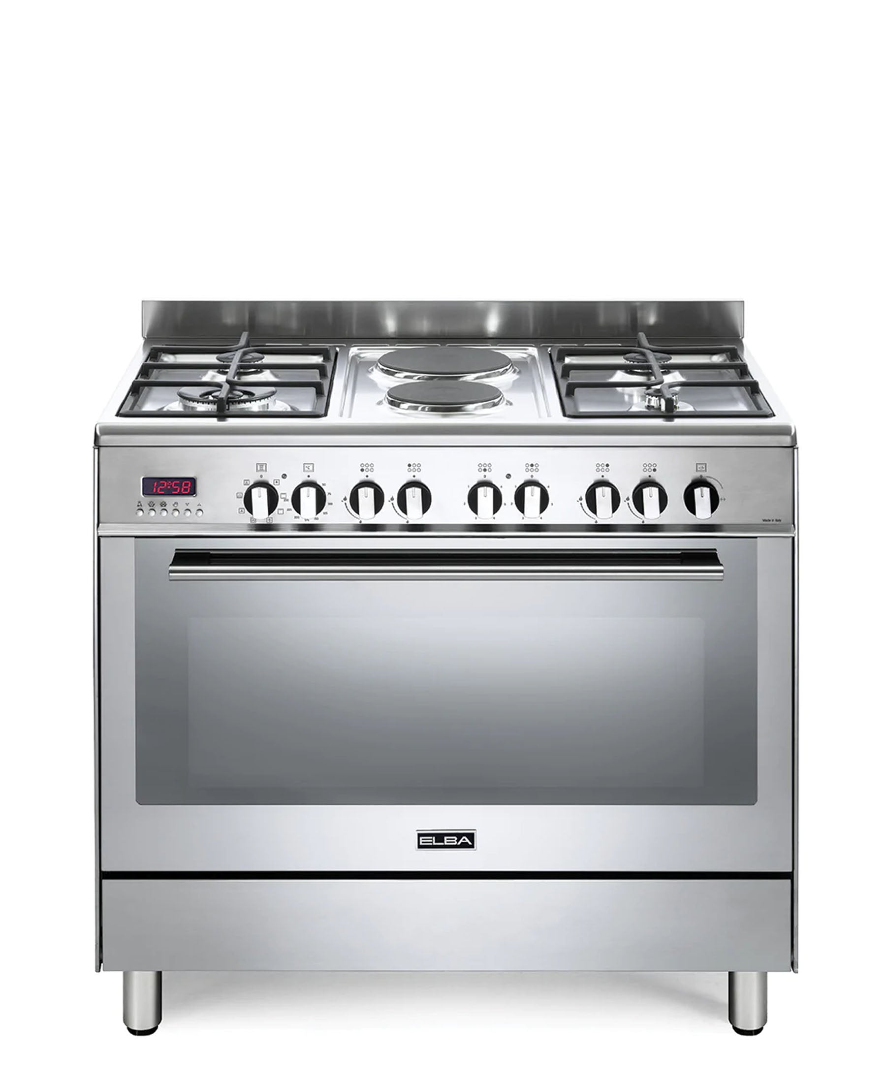Elba Fusion 90cm 4 Burner Gas Cooker With 2 Electric Plates & Electric Oven - Silver