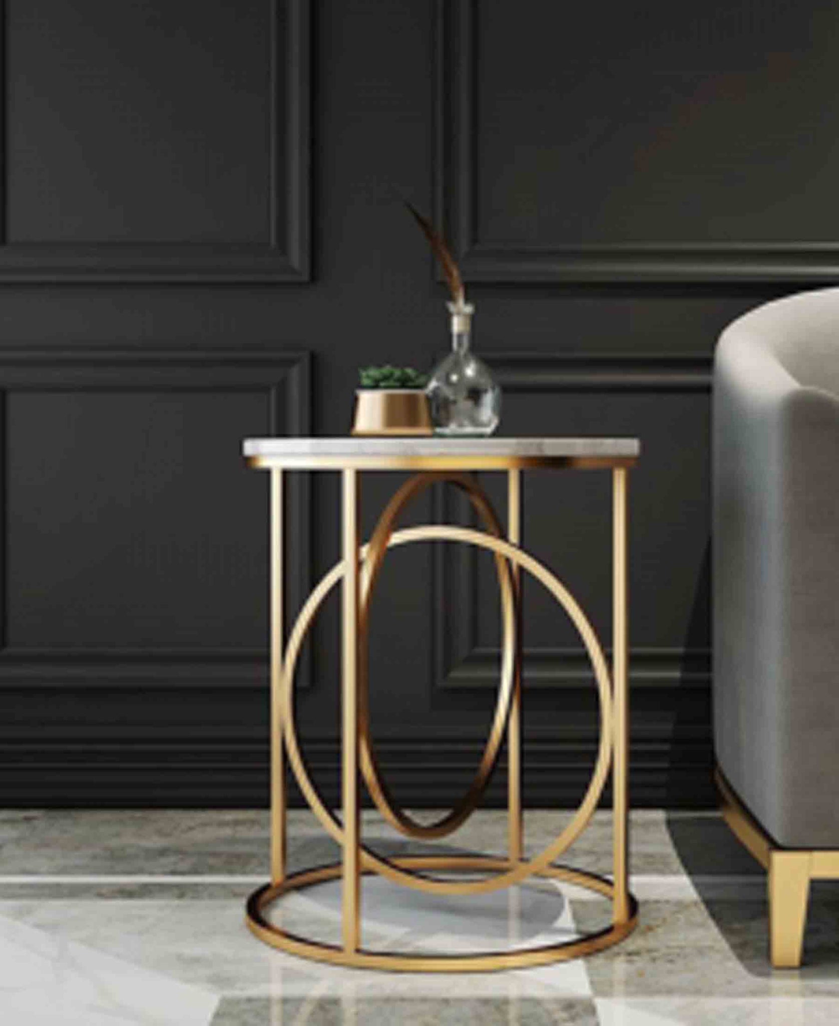 Exotic Designs Abstract Side Table - White & Gold
