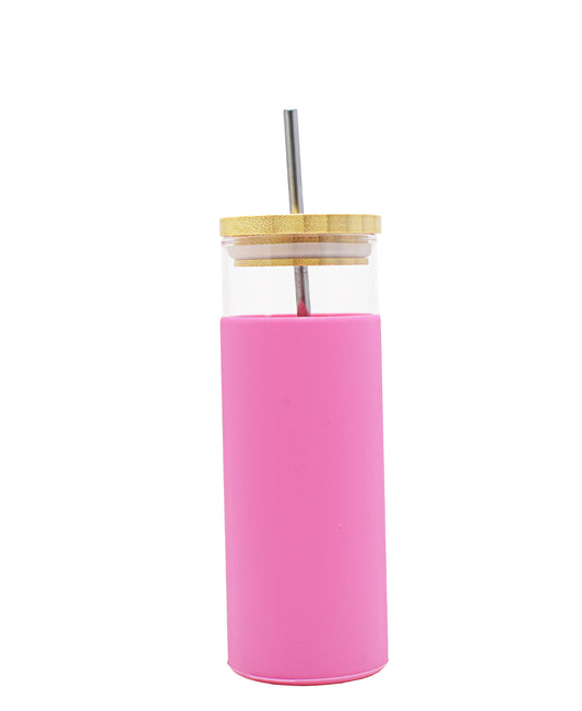 Bamboo Lid Glass Bottle 450ML- Pink