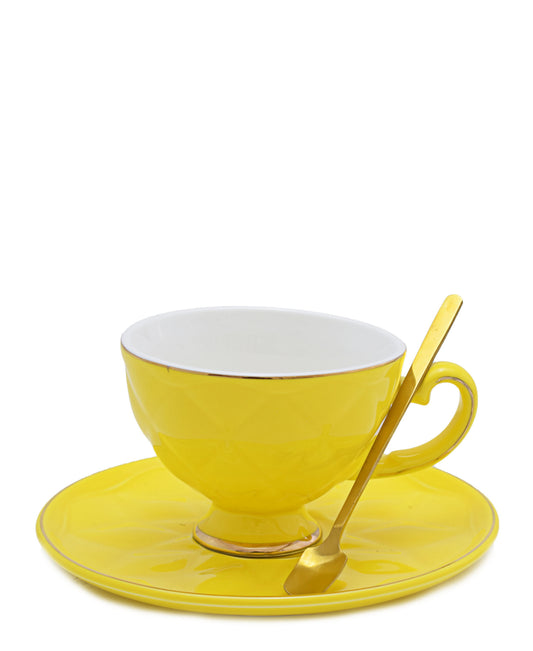Kitchen Life Cup & Saucer 3 Piece - Yellow With Gold Rim