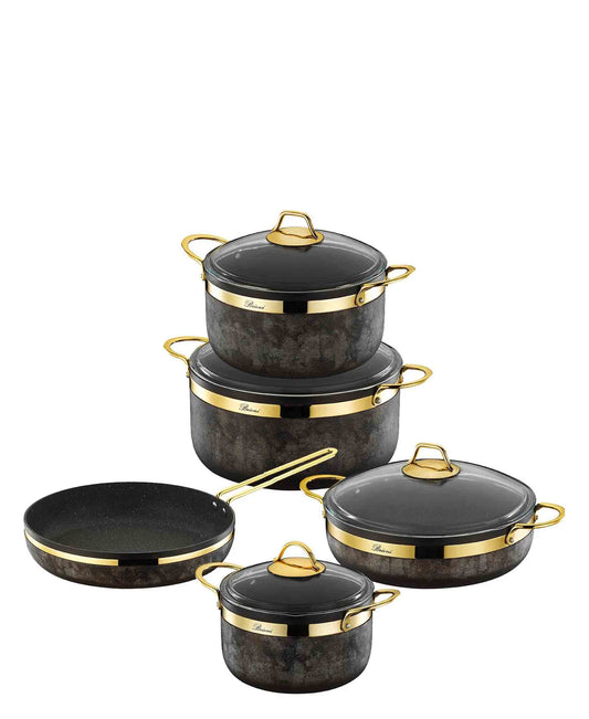 Brioni Royal Stone 9 Piece Cookware Set - Sandstone & Gold