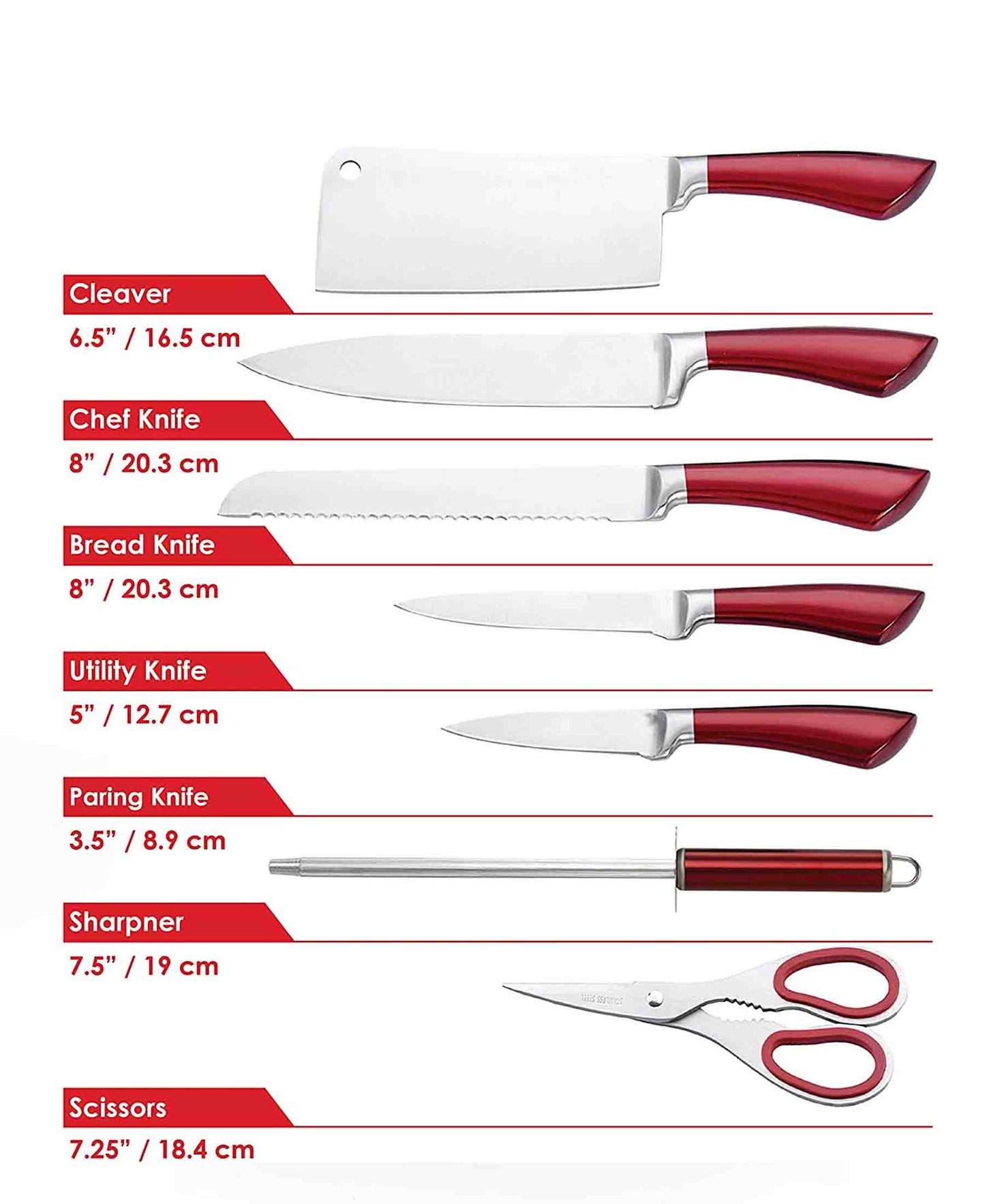 CH 9 Pcs Kitchen Knife Set - Red Handles