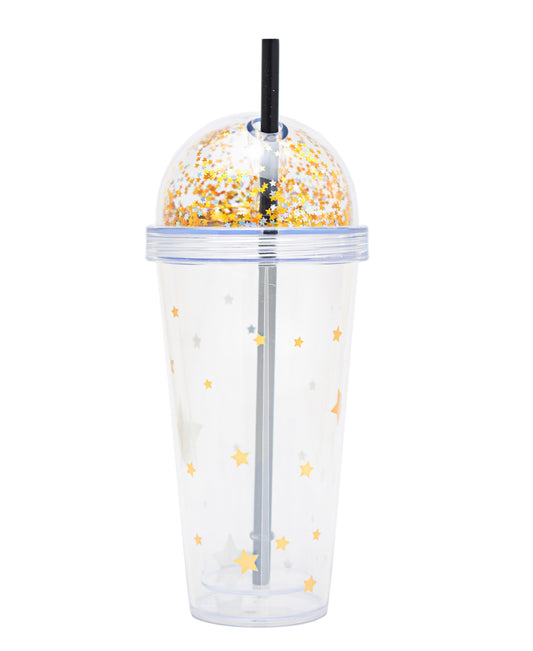 Double Wall Acrylic Travel Cup With Straw - Clear With Gold Glitter