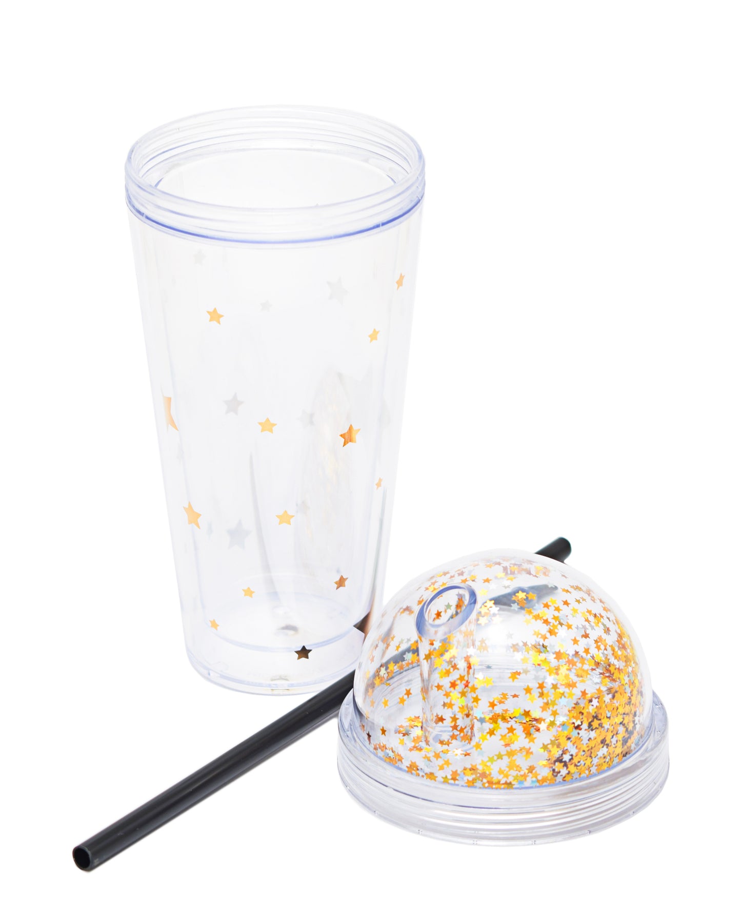 Double Wall Acrylic Travel Cup With Straw - Clear With Gold Glitter