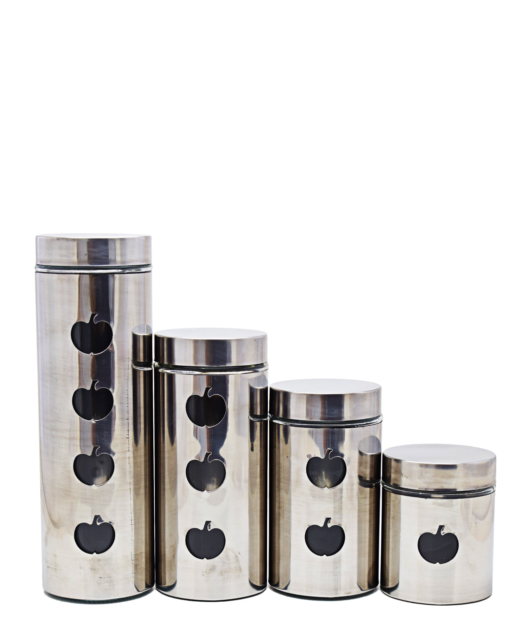 Decadent 4 Piece Glass Canister With Apple Window - Silver