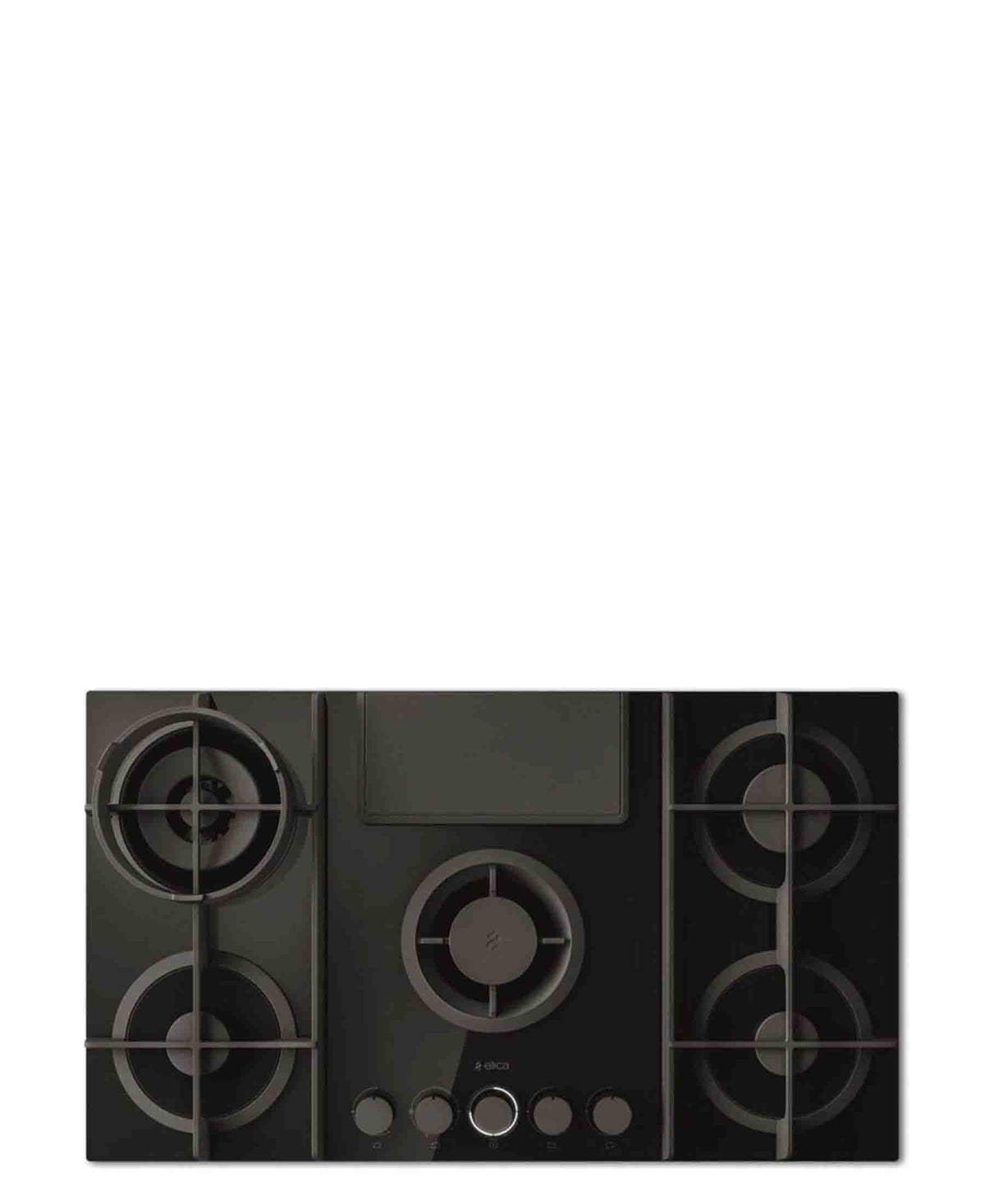 ELICA 90CM 5 BURNER GAS HOB WITH DOWNDRAFT EXTRACTOR BLACK GLASS & C