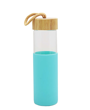 Kitchen Life Bamboo Lid Glass Bottle 450ML- Blue