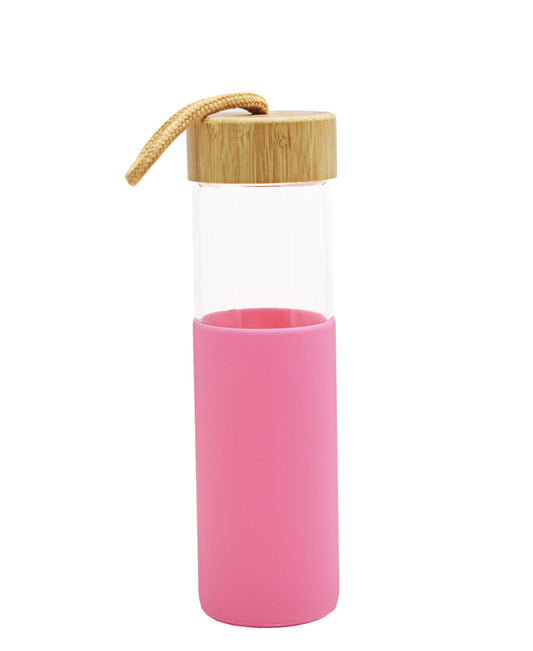 Kitchen Life Bamboo Lid Glass Bottle 450ML - Pink