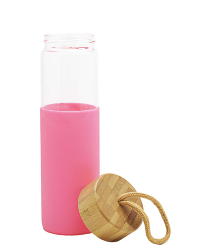 Kitchen Life Bamboo Lid Glass Bottle 450ML - Pink