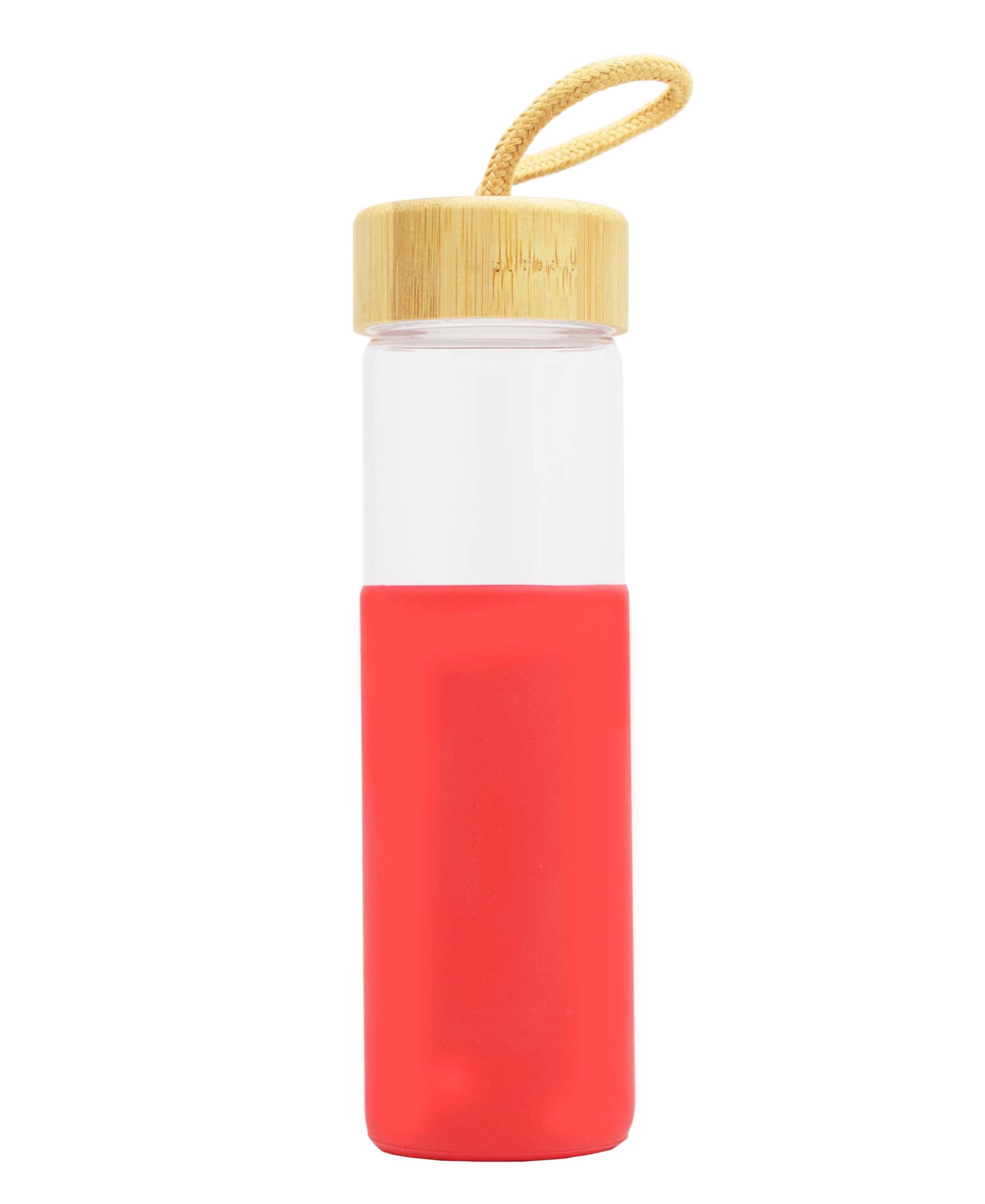 Kitchen Life Bamboo Lid Glass Bottle 450ML- Red