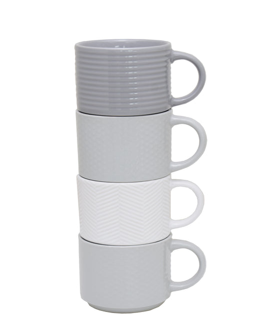 kitchen Life 4 Piece Mug Set - Embossed White and grey
