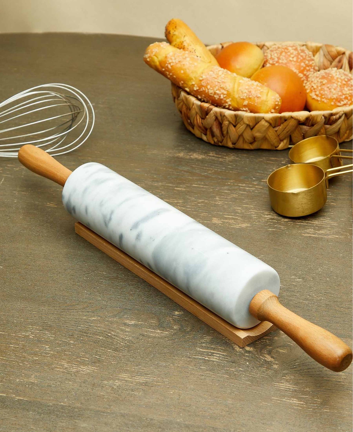 Hillhouse Marble Rolling Pin with Wooden Handles - White & Grey