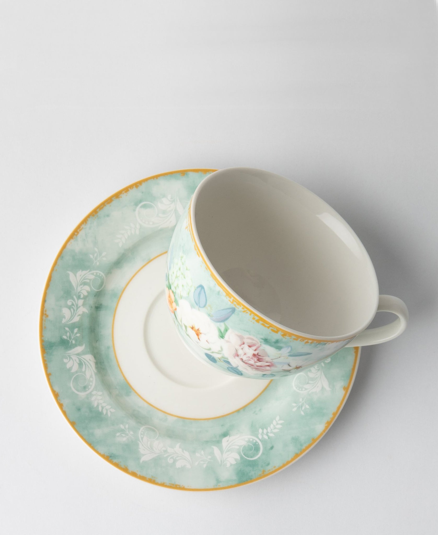 Jenna Clifford Green Floral 4 Piece Cup & Saucer Set  - White