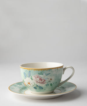 Jenna Clifford Green Floral 4 Piece Cup & Saucer Set  - White